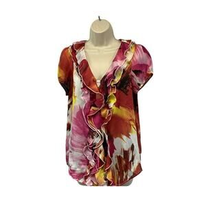 AGB Womens Elegant Floral Blouse Size Medium Top Ruffles V-Neck Pullover